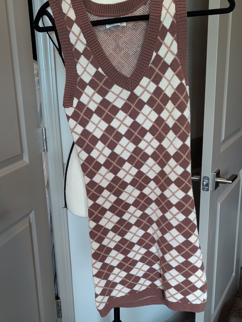 Hollister Brown & Cream Argyle V-Neck Sweater Dress